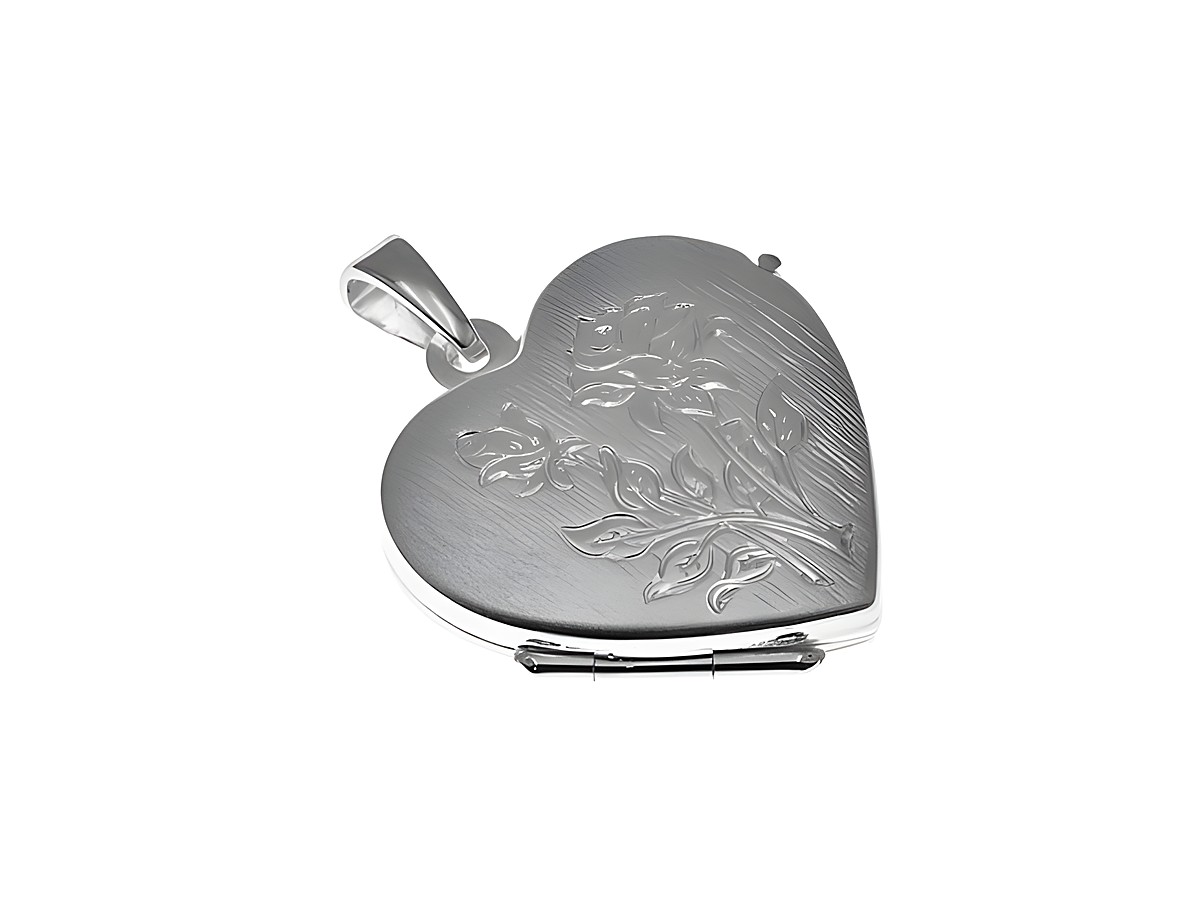 Zartes teilmattiertes Silbermedaillon in Herzform mit floralem Muster, Hersteller Juwelier Harnisch. Ideal als liebevolles Accessoire oder Geschenk.