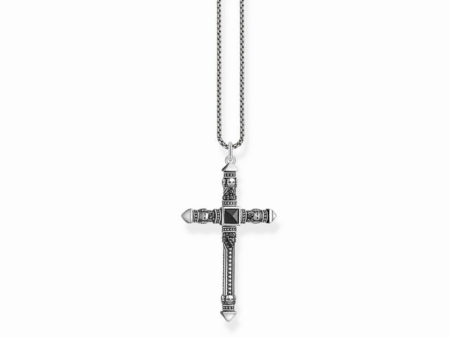 Kette von Thomas Sabo aus Sterling Silber mit einem Kreuzanhänger, verziert mit schwarzem Achat und Zirkonia, Längenverstellbar von 45 bis 50 cm.