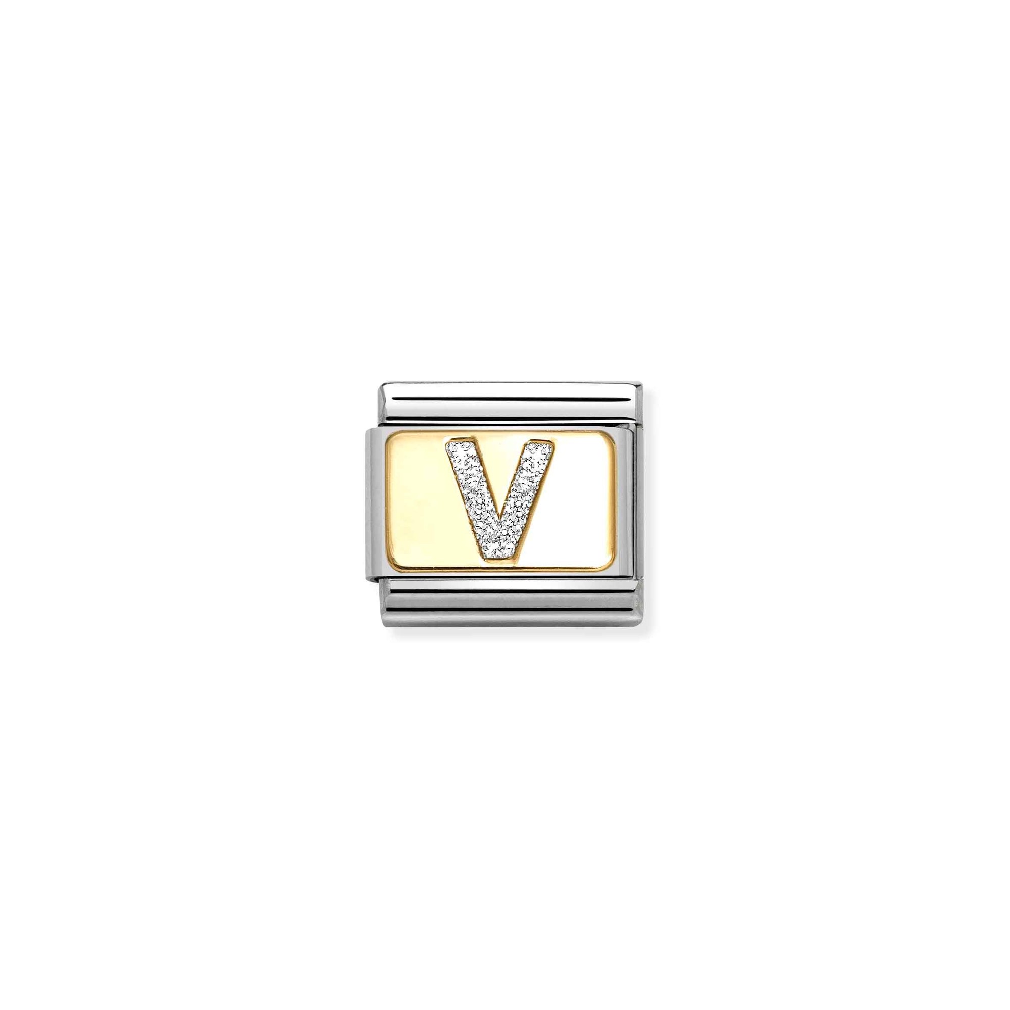 Nomination Composable Classic Charm Buchstabe V Silberglitzer - Edelstahl, Gold 750, Emaille
