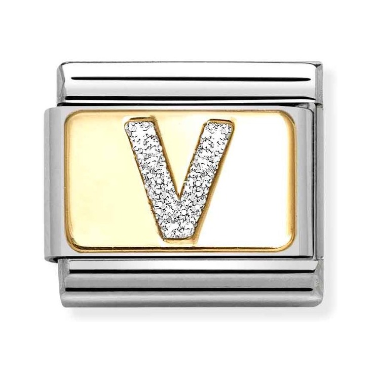 Nomination Composable Classic Charm Buchstabe V Silberglitzer - Edelstahl, Gold 750, Emaille