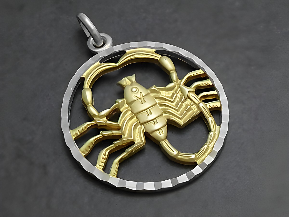Skorpion 925 Sterling Silber Sternzeichen mit Vergoldung, detailreicher Anhänger des Herstellers Juwelier Harnisch, zeigt einen stilisierten Skorpion in einem runden Rahmen.