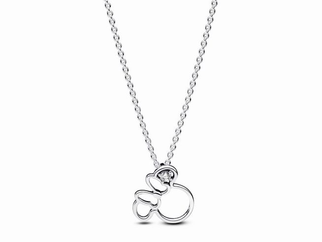 Silberne Halskette von Pandora mit Anhänger in Form einer Minnie Maus Silhouette, besetzt mit klaren Zirkonia, Gesamtlänge 45 cm. Elegant und verspielt.