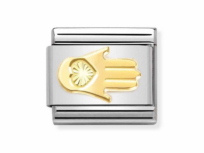 Edelstahl und Gold 750 Charm von Nomination mit einer diamantierten Hand, die ein Herz zeigt, passend für Armbänder und Schmuckkollektionen.