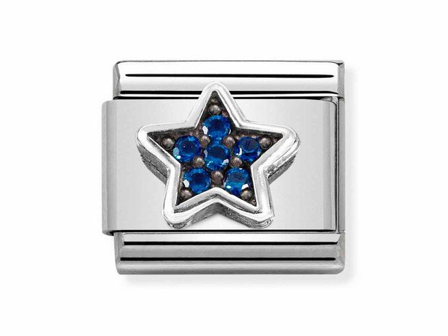 Edelstahl Charm von Nomination mit oxidierten Symbolen, funkelndem blauen Zirkonia Stern und klaren Akzenten, passend für Armbänder und Schmuckdesign.