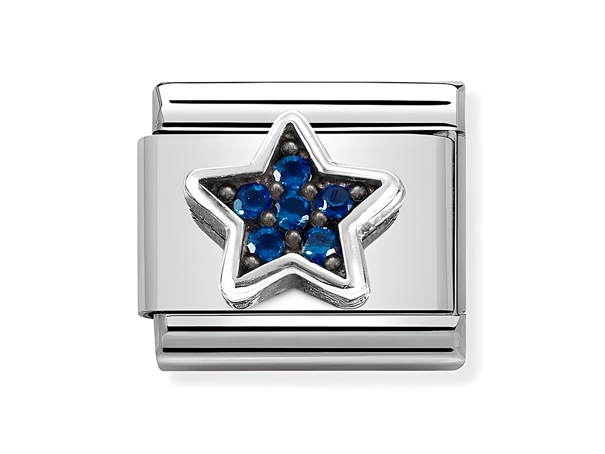 Edelstahl Charm von Nomination mit oxidierten Symbolen, funkelndem blauen Zirkonia Stern und klaren Akzenten, passend für Armbänder und Schmuckdesign.