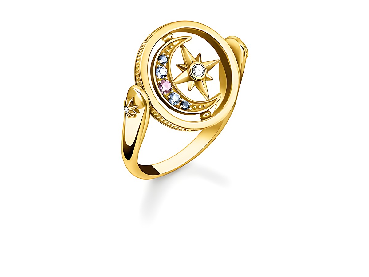 Ringschmuck von Thomas Sabo in vergoldetem Sterling Silber mit einem Design aus Mond und Stern, verziert mit farbigen Zirkonia und Glas-Keramik, Größe 52.