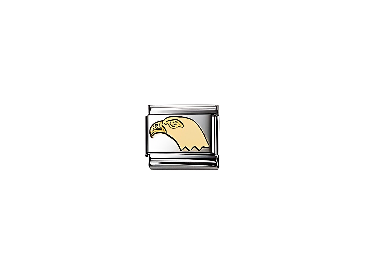Ein goldener Adlerkopf auf einem silbernen Hintergrund, dargestellt in minimalistischem Design, aus der Kollektion NOMINATION Classic TIERE Adlerkopf 030114 01, Hersteller: Nomination.