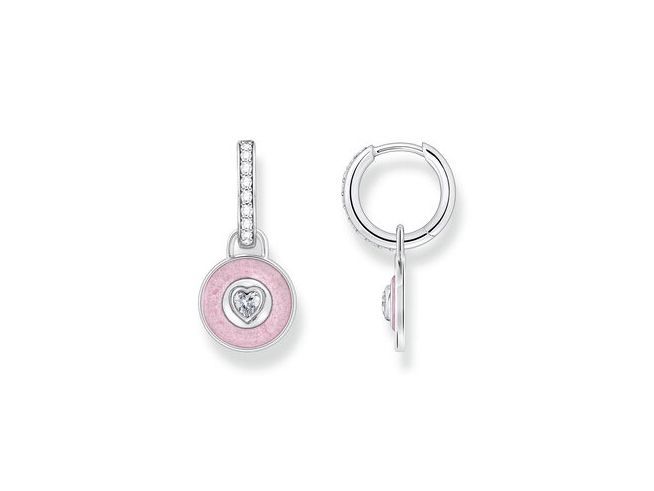 Thomas Sabo Creolen aus Silber mit geschwärzter Oberfläche, rosa-pinkem Emaille und Zirkonia-Anhänger in Herzform, elegant und modern in der Gestaltung.
