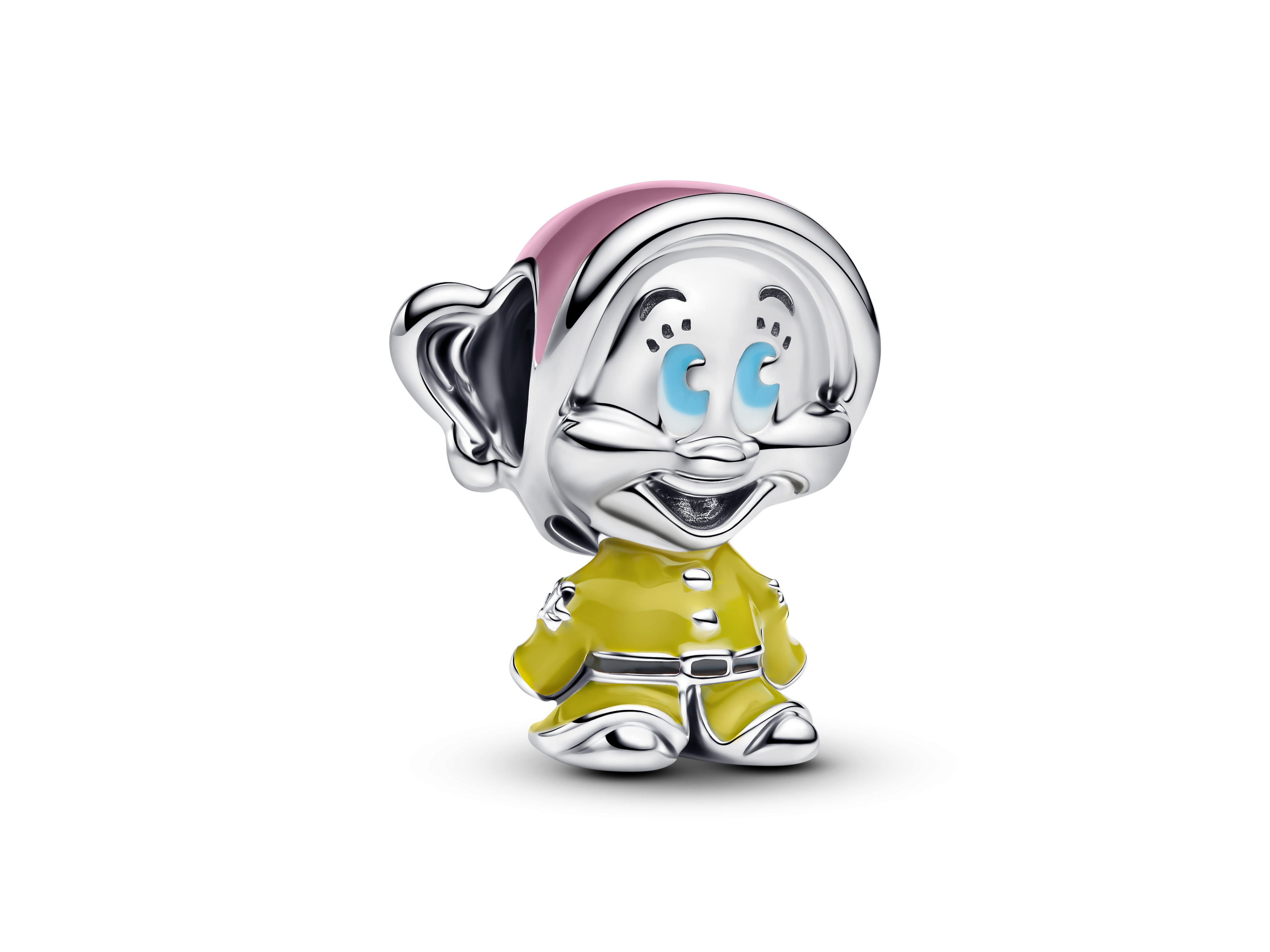 Charm von Pandora zeigt Dopey aus Disney Schneewittchen, gefertigt aus Sterling Silber mit grüner Emaille, detaillierte Ausarbeitung und fröhliche Pose, ideal für Sammler.
