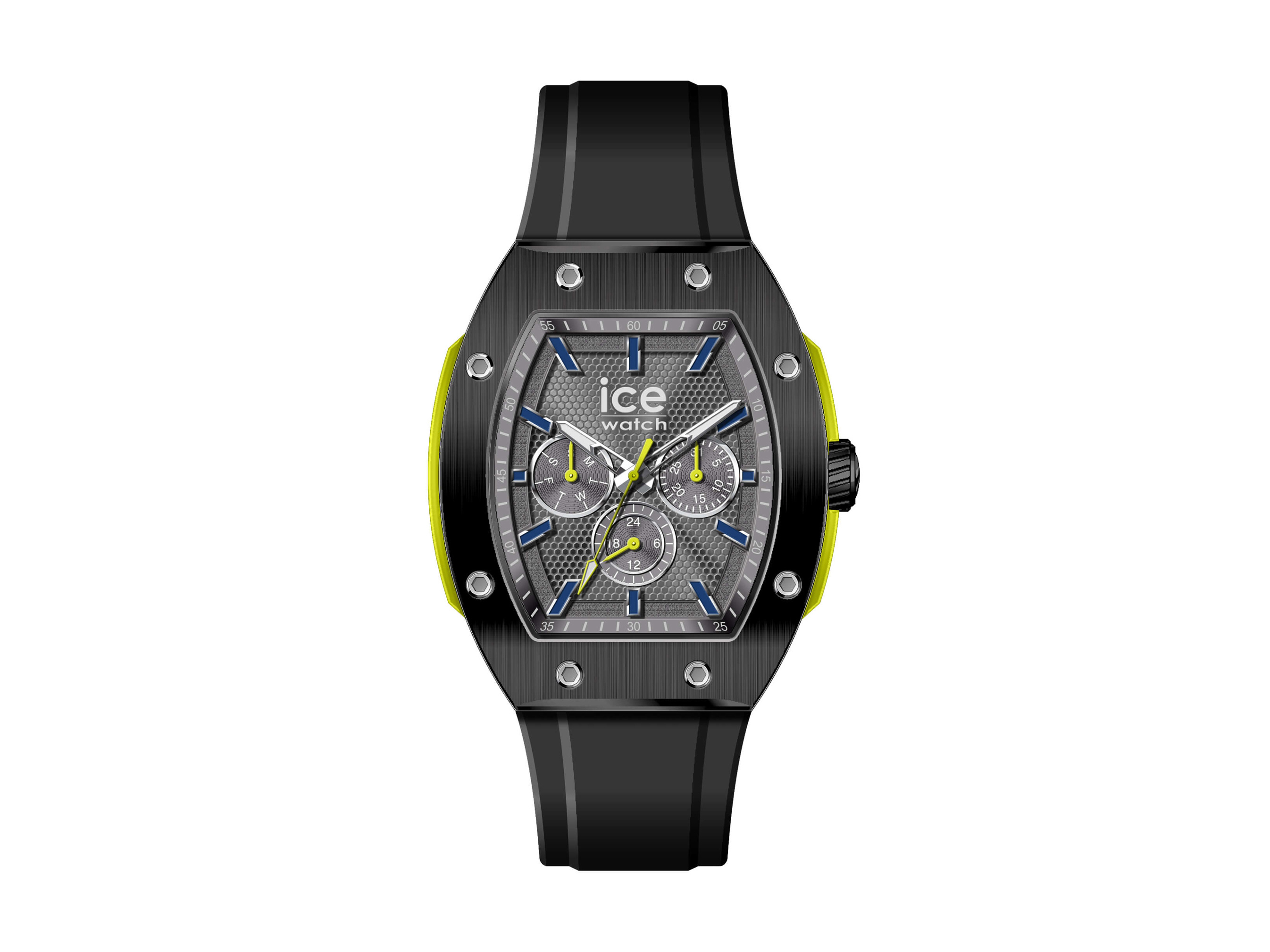 Die Ice Watch 024738 ist eine elegante Armbanduhr in Schwarz und Gelb mit einem sportlichen Design, grauem Ziffernblatt und auffälligen blauen Akzenten, ideal für modebewusste Träger.