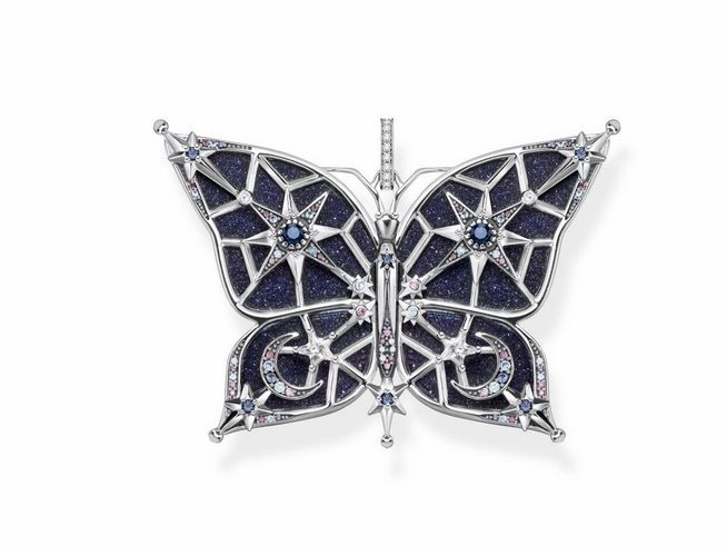 Thomas Sabo Schmetterling Anhänger aus Sterling Silber mit Glas-Keramik, im Sandstein und synthetischem Spinell, verziert mit Zirkonia in filigraner Butterfly-Form.