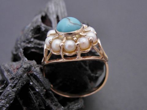 Goldring traumhaft Gr. 49 mit Zuchtperlen und Türkis-Imitation aus Gold 750, hergestellt von Juwelier Harnisch bis Gr. 50/16.
