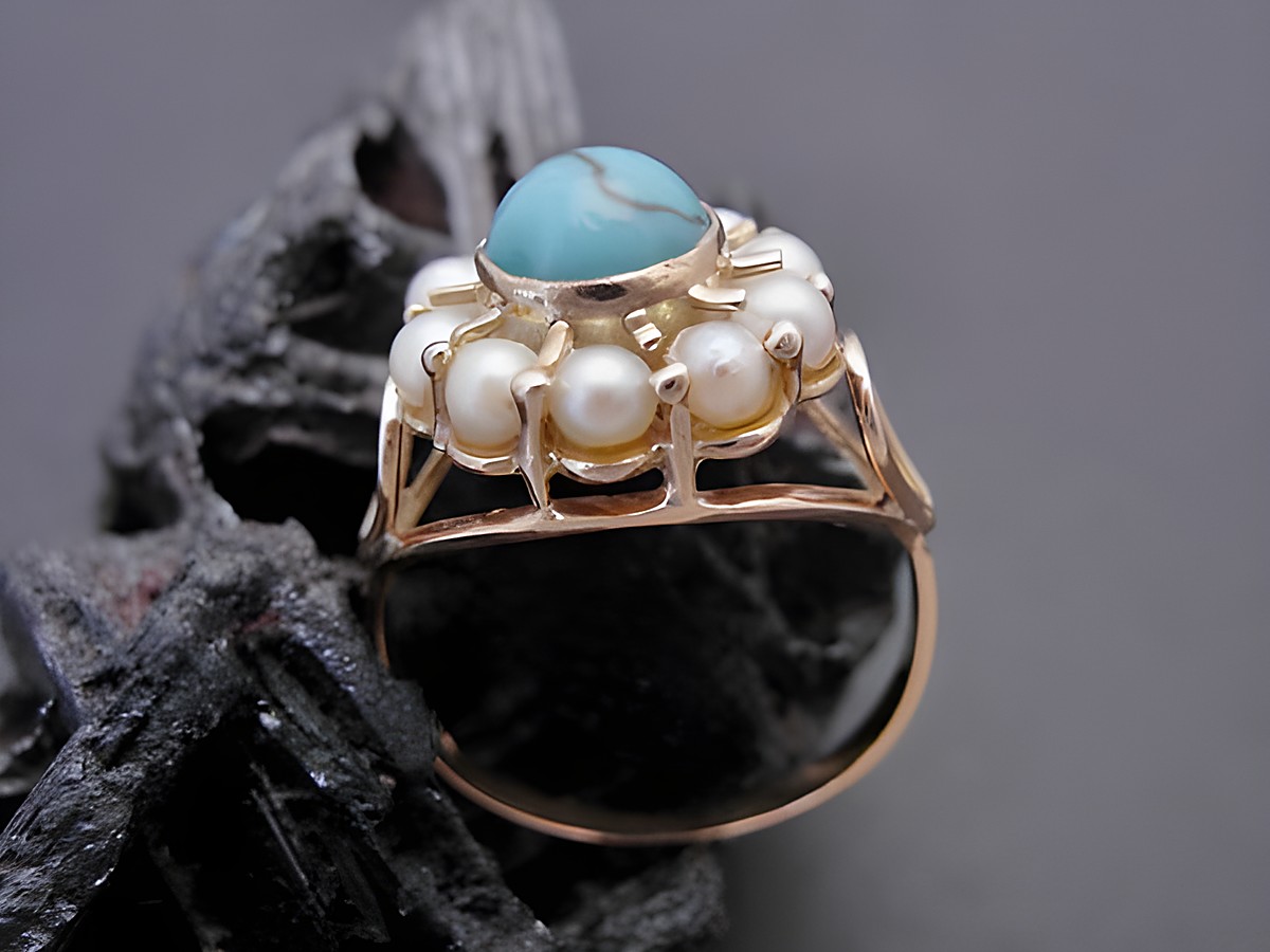 Goldring traumhaft Gr. 49 mit Zuchtperlen und Türkis-Imitation aus Gold 750, hergestellt von Juwelier Harnisch bis Gr. 50/16. – Ansicht 2