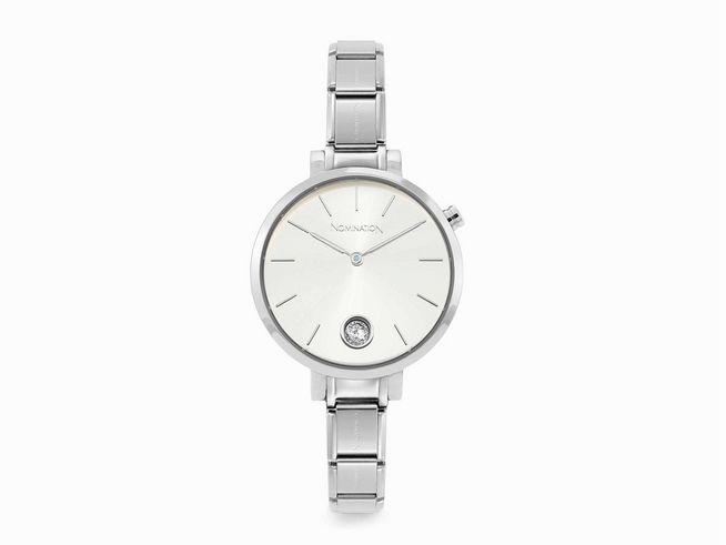 Silberne Nomination Classic 076033 17 TIME PARIS Uhr mit elegantem Ziffernblatt, zurückhaltenden Ziffern und einer dezenten Uhrzeigerminute, ergänzt durch einen kleinen glänzenden Stein.
