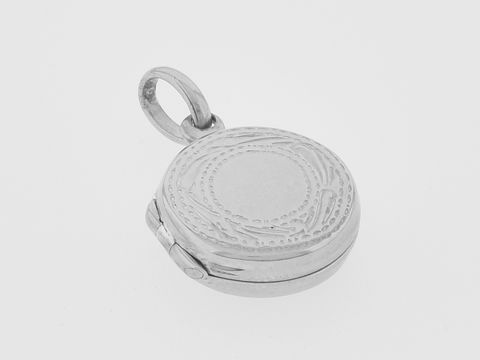 Rundes Silber Medaillon aus Sterling Silber mit filigranem Rand, Hersteller Juwelier Harnisch, hübsches und elegantes Design für persönliche Erinnerungen.