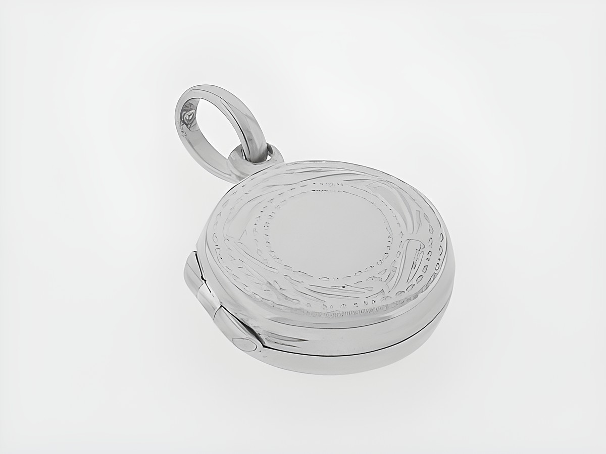 Rundes Silber Medaillon aus Sterling Silber mit filigranem Rand, Hersteller Juwelier Harnisch, hübsches und elegantes Design für persönliche Erinnerungen.