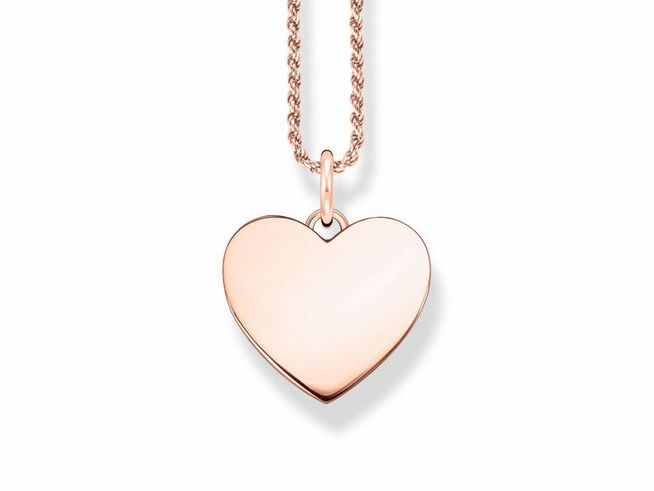 Silber vergoldete Kette von Thomas Sabo mit einem Herzanhänger in Roségold, romantisches Design, ideal für persönliche Gravuren, Länge 50 cm.