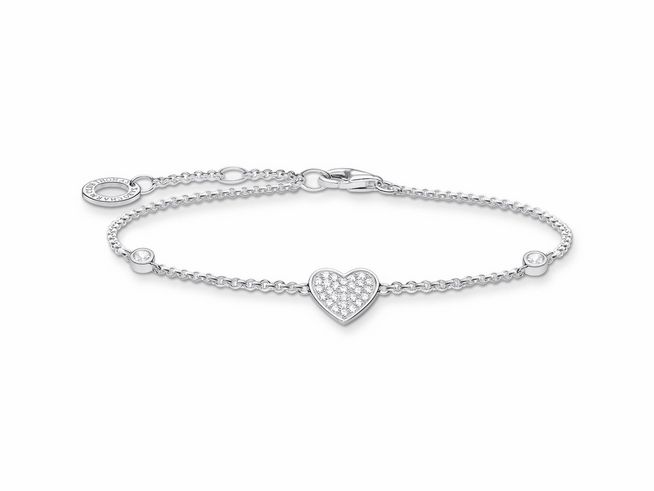 Armband aus Silber von Thomas Sabo, verziert mit weißen Zirkonia, in Herzform, variabel in der Länge von 16 bis 19 cm, geeignet für elegante Anlässe.