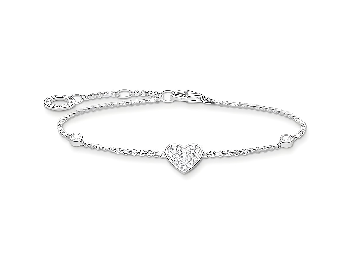 Armband aus Silber von Thomas Sabo, verziert mit weißen Zirkonia, in Herzform, variabel in der Länge von 16 bis 19 cm, geeignet für elegante Anlässe.