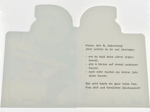 Geburtstagskarte mit einem Kätzchen auf der Vorderseite und einem selbstgemalten Bild im Innenteil, gestaltet von Juwelier Harnisch, ideal für Glückwünsche zum 6. Geburtstag.