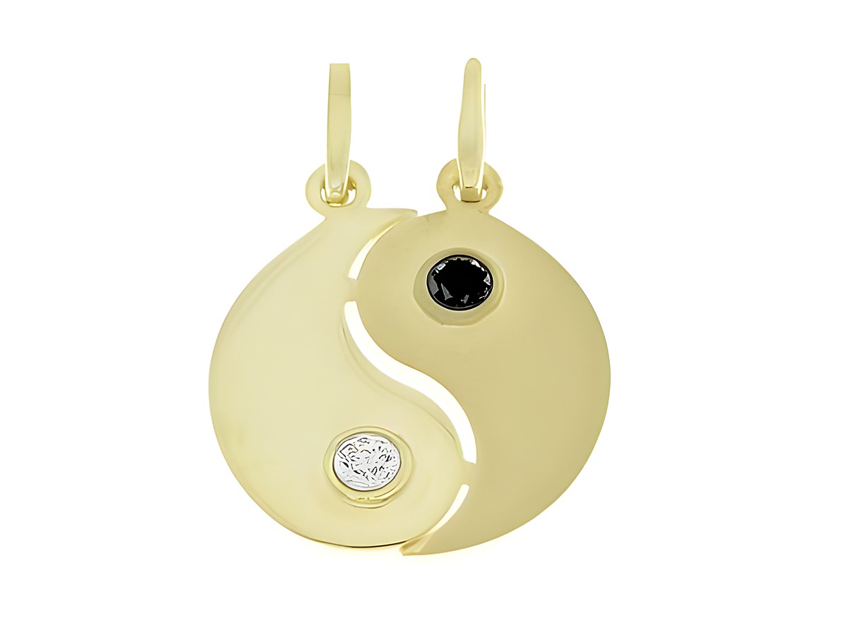 Yin Yang Partner Anhänger aus vergoldetem Silber mit Zirkonia, einer Seite in Schwarz und einer in Gold, gefertigt von Juwelier Harnisch, als Glücksbringer gestaltet.