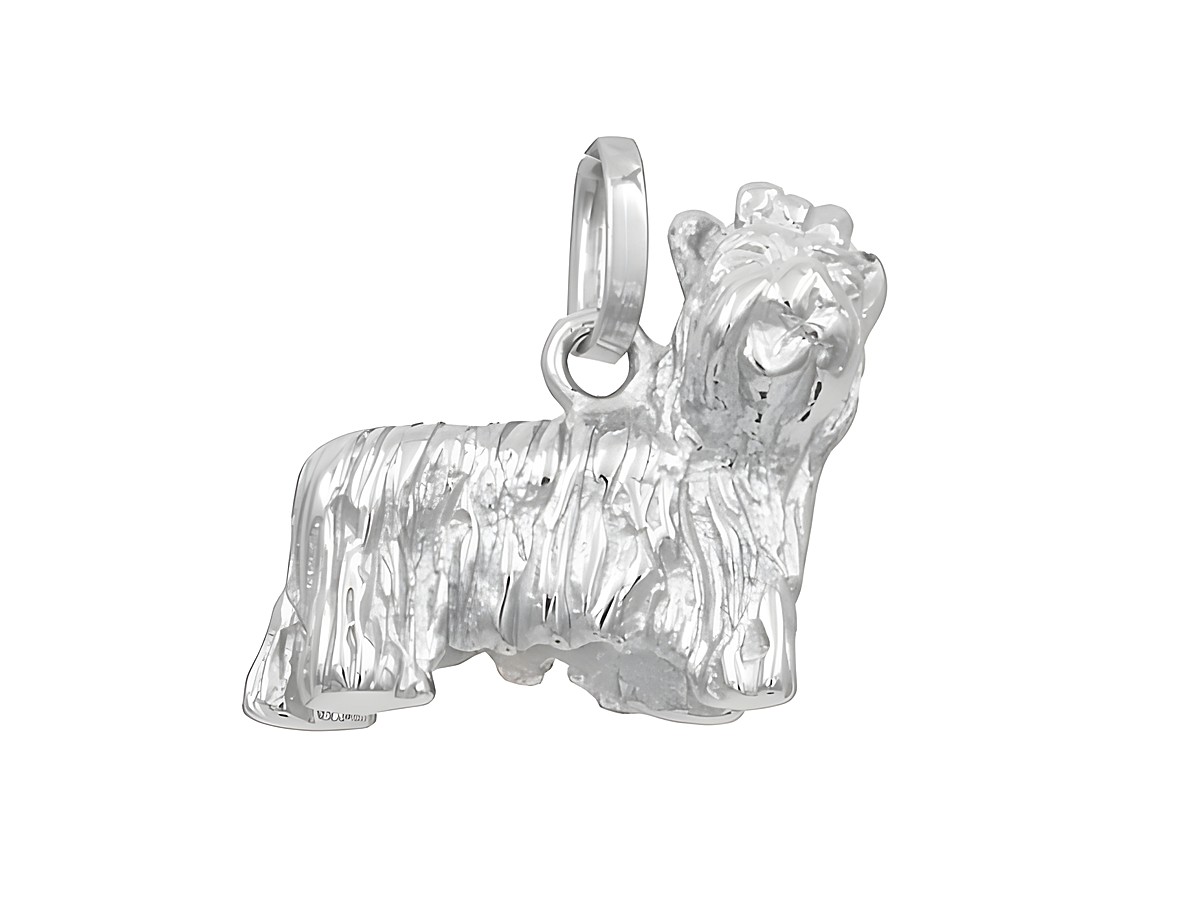 Anhänger Hund - Yorkshire Terrier - aus rhodiniertem Sterling Silber, detailreiche Darstellung des Hundes, geeignet für Tierliebhaber und Schmuckliebhaber. Hersteller: Juwelier Harnisch.