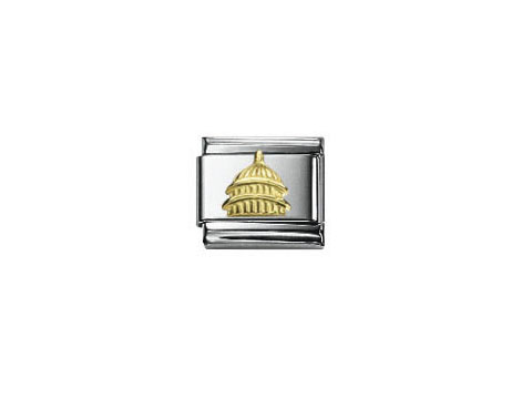 Auf dem Bild ist ein Schmuckstück von Nomination zu sehen, das das Capitol Building in gold und silber darstellt. Es handelt sich um eine stilisierte Darstellung eines berühmten Denkmals.