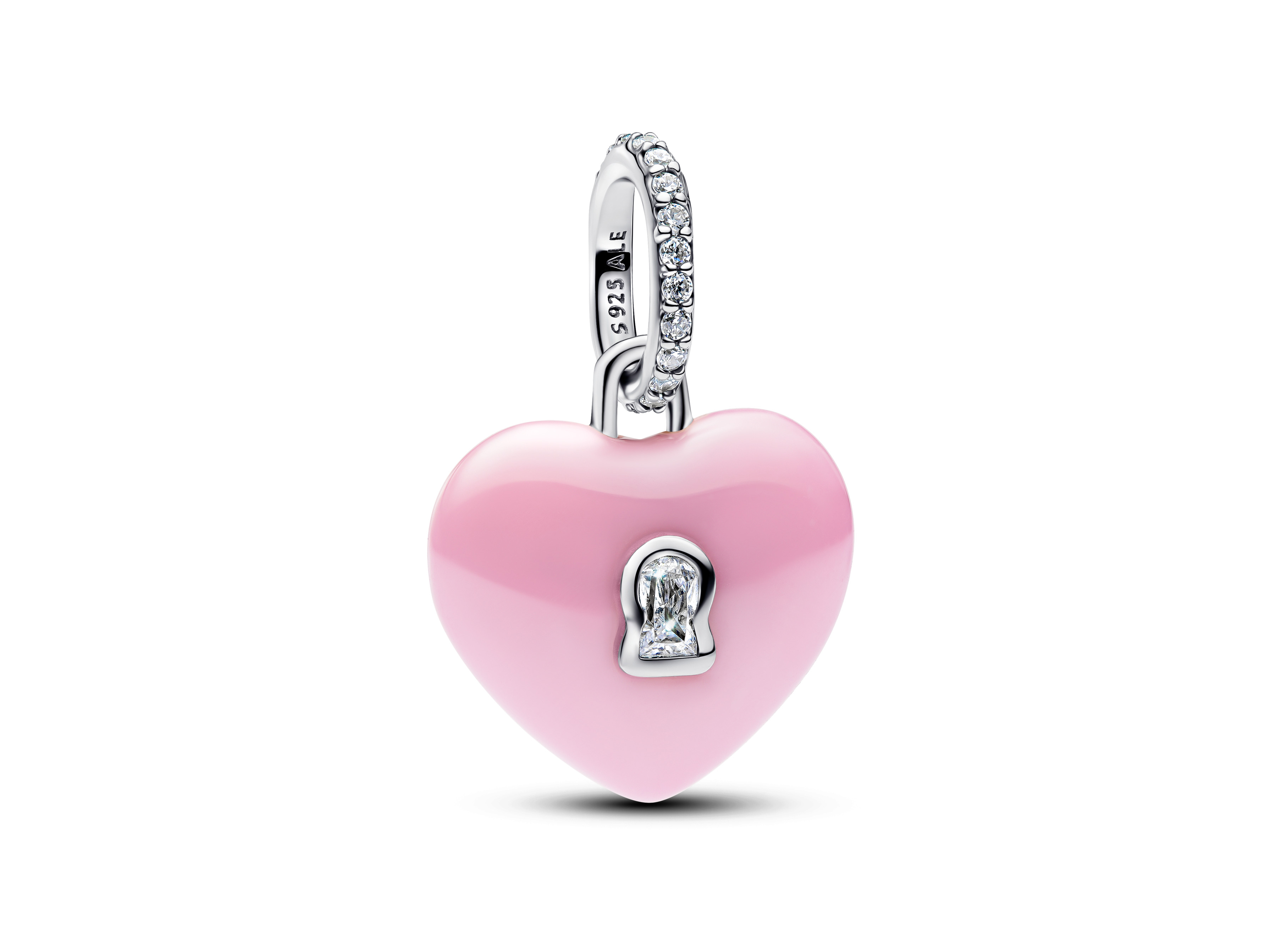 Rosafarbenes Keramik Herzschloss von Pandora als Charm Anhänger aus Silber mit Zirkonia, verziert mit einem Schlossmotiv, elegant und verspielt, ideal für Schmuckliebhaber.