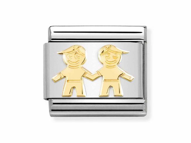 Zwei goldene Figuren von Brüdern halten sich im Mittelpunkt an den Händen, umrahmt von einem Edelstahlrahmen, ein elegantes und symbolisches Schmuckstück von Nomination.