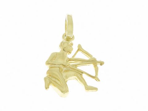 Schütze - poliertes Gold Sternzeichen Anhänger, der einen Schützen mit Pfeil und Bogen darstellt, gefertigt von Juwelier Harnisch, perfekte Geschenkidee für Sternzeichenliebhaber.