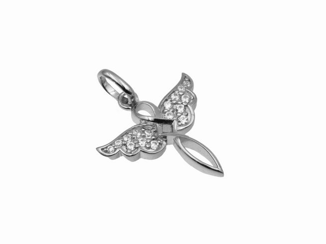 Ein filigraner Anhänger in Form eines Engels aus 925 Sterling Silber, poliert und rhodiniert, verziert mit glitzernden Zirkonia-Steinen, Hersteller Juwelier Harnisch.