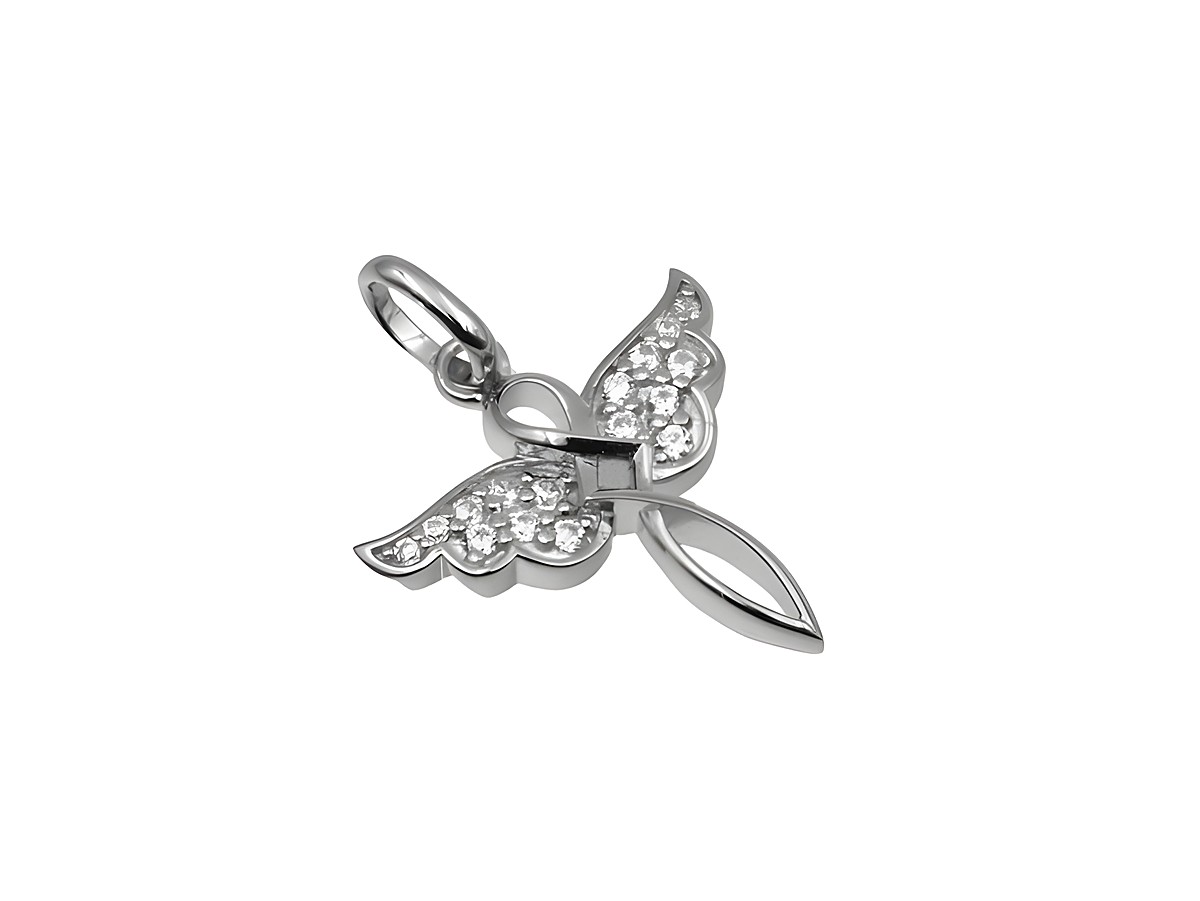 Ein filigraner Anhänger in Form eines Engels aus 925 Sterling Silber, poliert und rhodiniert, verziert mit glitzernden Zirkonia-Steinen, Hersteller Juwelier Harnisch.