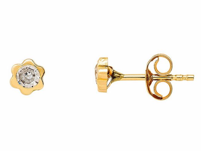 Gelbgold 585 Ohrstecker von Xenox, poliert mit floralem Design und funkelndem Zirkonia. Elegantes Schmuckstück für jeden Anlass, ideal für stilvolle Akzente.