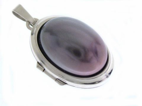 Perle GRAU Medaillon mit Cabochon aus Weißgold 585, Hersteller Juwelier Harnisch, elegantes Design, ideal als Schmuckstück für besondere Anlässe.