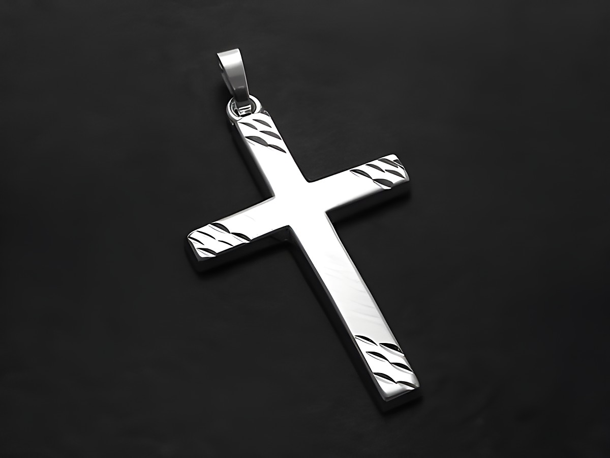 Kreuz Anhänger aus Sterling Silber mattiert mit Diamantschliff und Muster, Hersteller Juwelier Harnisch, elegantes Design für besondere Anlässe.