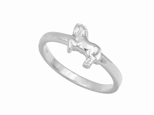 Kinderring Pferd aus rhodiniertem Sterling Silber in Größe 50, zeigt ein stilisiertes Pferd auf dem Ringkopf, ideal für Kinder und von Juwelier Harnisch gefertigt.