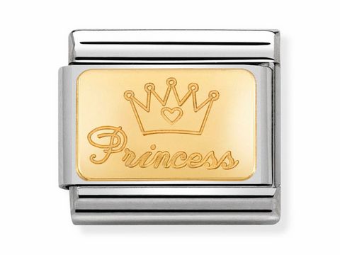 Ein elegantes Armbandglied von Nomination, Modellnummer 030121 47, zeigt eine goldene Plakette mit der Gravur Princess und einer Krone darüber, ideal für eine Prinzessin.