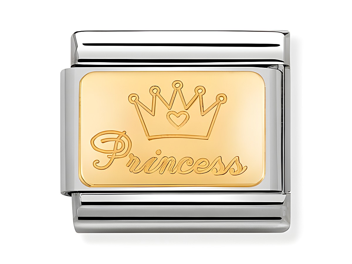 Ein elegantes Armbandglied von Nomination, Modellnummer 030121 47, zeigt eine goldene Plakette mit der Gravur Princess und einer Krone darüber, ideal für eine Prinzessin.