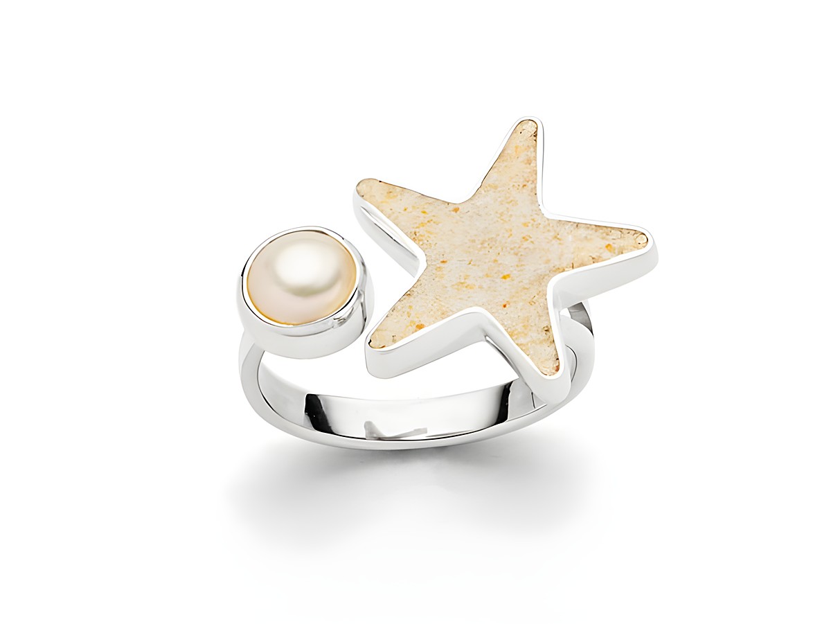 Sterling Silber Ring mit rhodiniertem Finish, gestaltet mit einem Sandseestern aus Strandsand und einer Perle, Größe 52, Hersteller DUR.