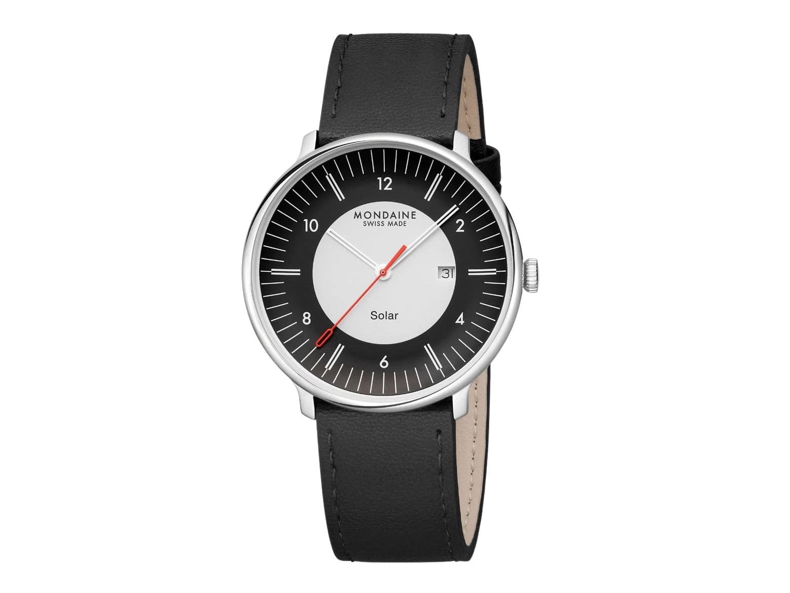 Die Mondaine Uhr MLE.41920.LBV Doppio Big Solar in Schwarz hat ein klares Zifferblatt mit roten Akzenten und einem schwarzen Lederarmband, Durchmesser 41 mm. Ideal für moderne Stilbewusste.
