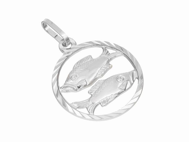 Ein Anhänger in Form des Sternzeichens Fische aus 585 Weißgold, poliert und diamantiert, mit zwei stilisierten Fischen im Inneren eines kreisförmigen Rahmens.