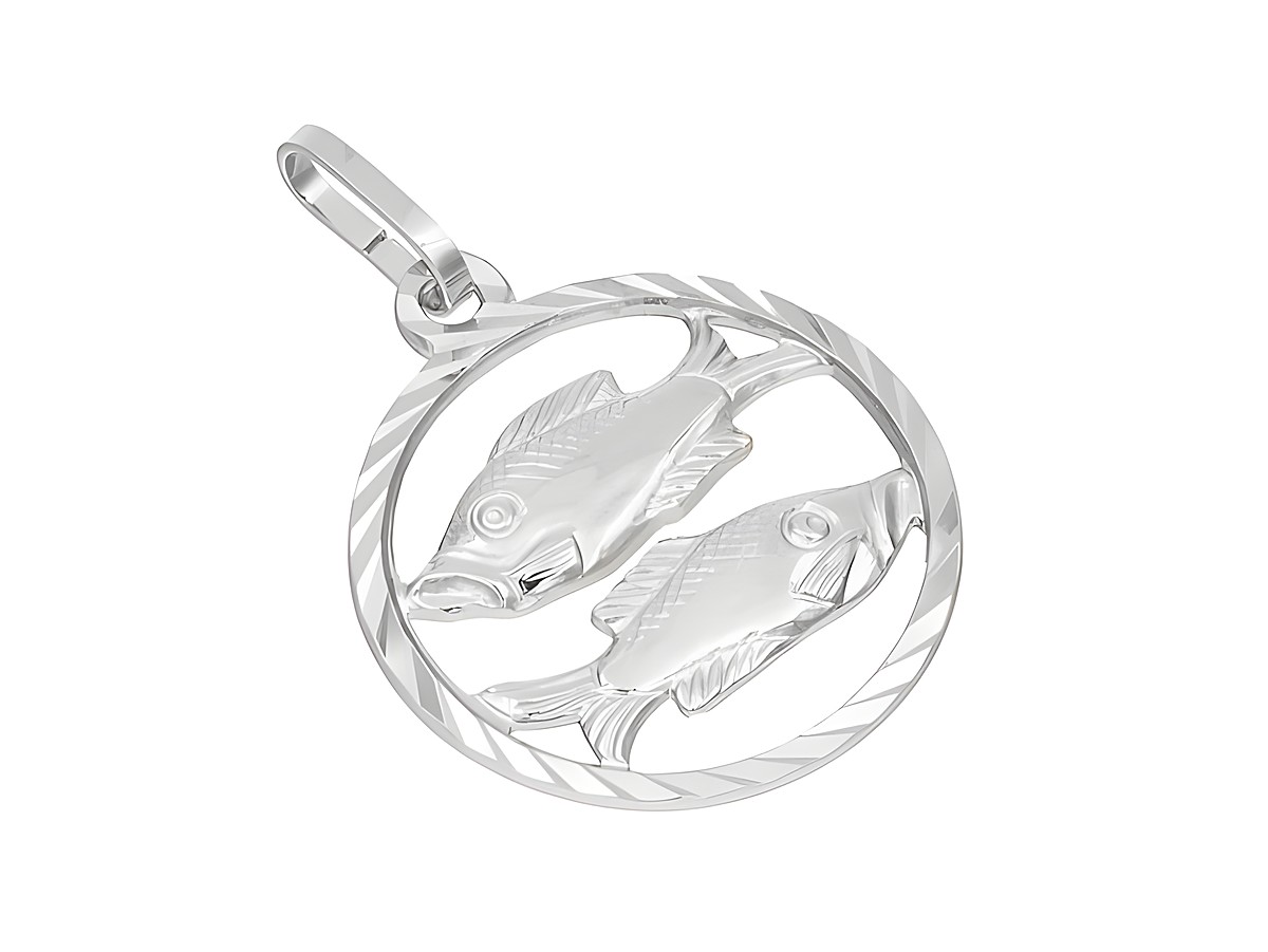 Ein Anhänger in Form des Sternzeichens Fische aus 585 Weißgold, poliert und diamantiert, mit zwei stilisierten Fischen im Inneren eines kreisförmigen Rahmens.