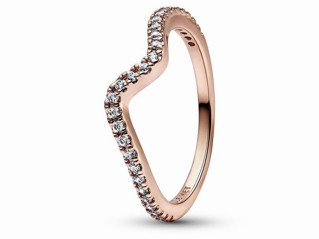 Funkelnder Wellenring aus roségold vergoldetem Metall, besetzt mit Zirkonia-Steinen, Größe 58, bietet eleganten und modernen Schmuck für jeden Anlass.