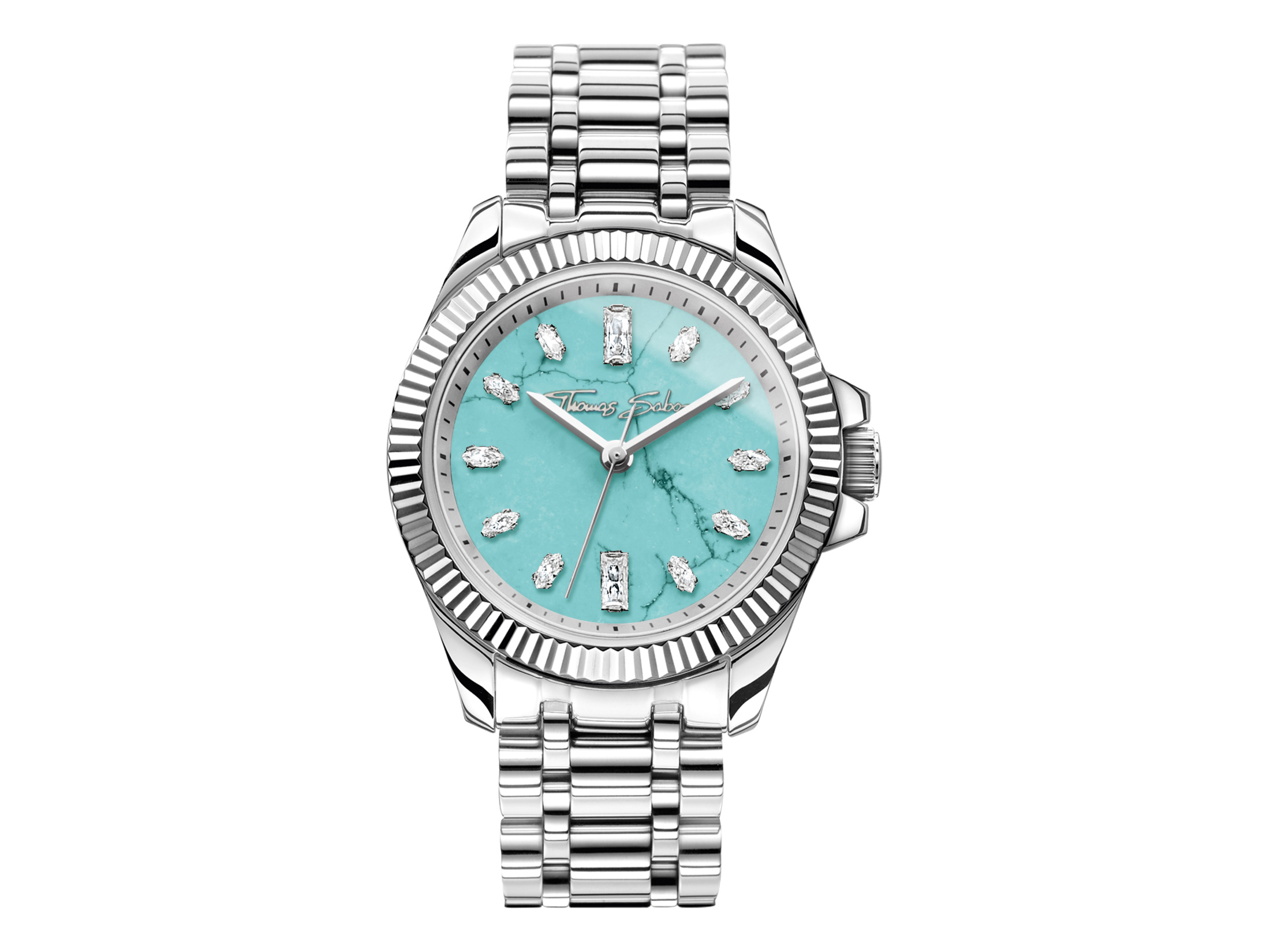 Thomas Sabo Damenuhr WA0435-201-209-33 mm - Divine Jewelry Stone Damenuhr von Thomas Sabo mit einem hellblauen Zifferblatt und klaren Steinen als Markierungen. Das Gehäuse ist aus Edelstahl und hat ein klassisches Armband aus Edelstahl.