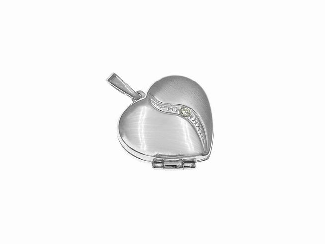 Silber Medaillon in Herzform, elegant teilmattiert mit strahlendem weißen Zirkonia, Hersteller Juwelier Harnisch, ideal für besondere Anlässe oder als persönliche Erinnerung.