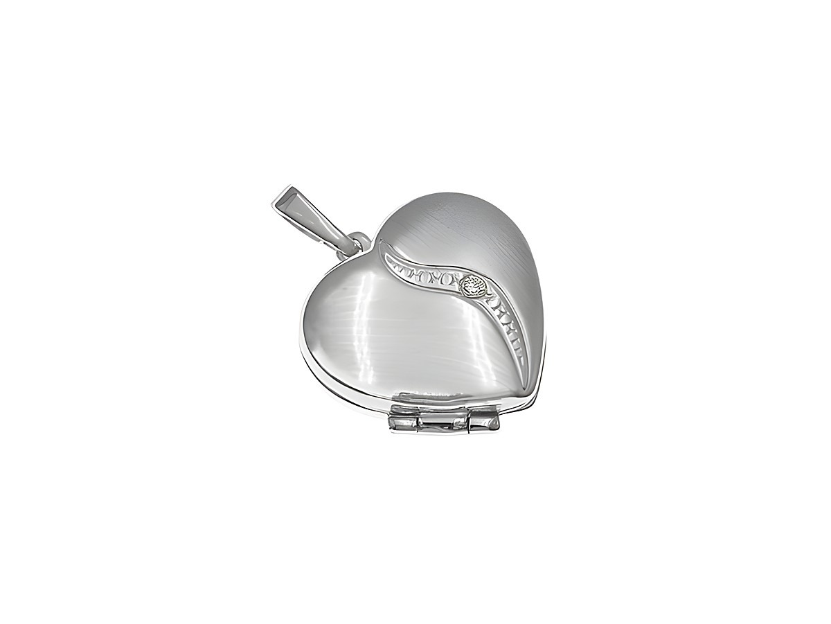 Silber Medaillon in Herzform, elegant teilmattiert mit strahlendem weißen Zirkonia, Hersteller Juwelier Harnisch, ideal für besondere Anlässe oder als persönliche Erinnerung.