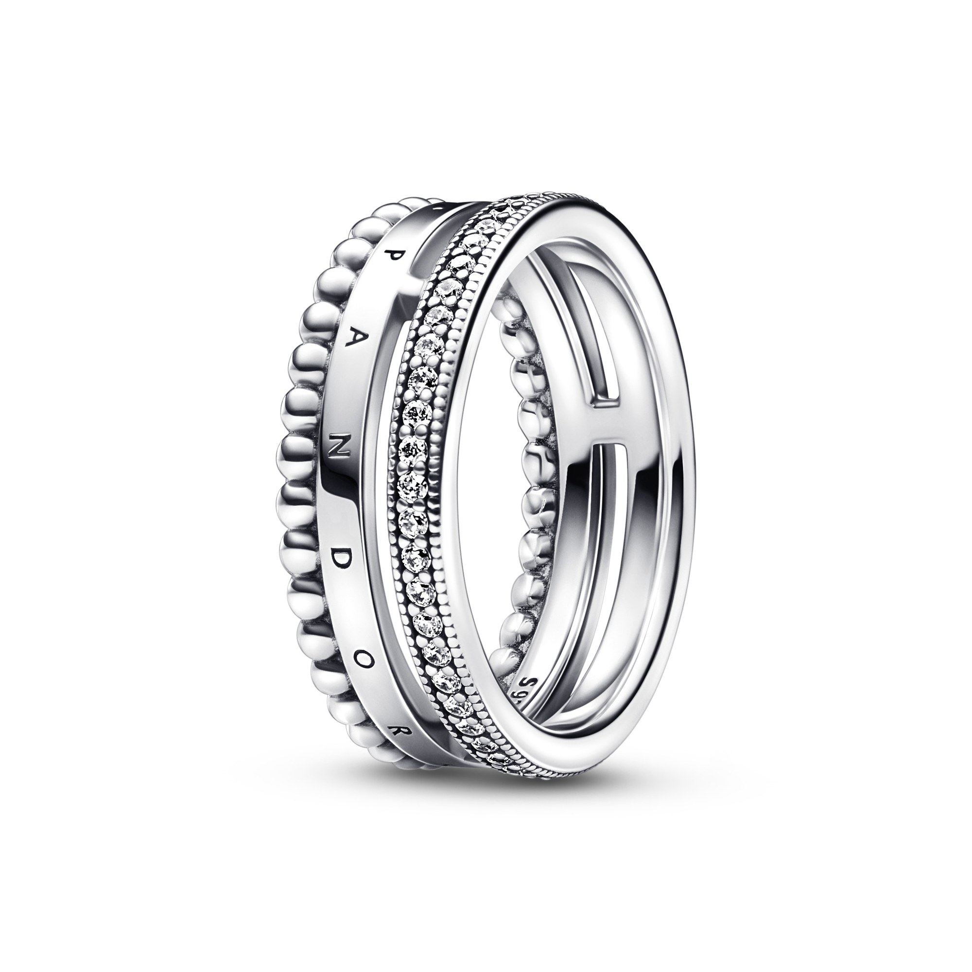 Pandora Signature Logo Pavé & Perlen Ring - Sterling Silberring + klarem Zirkonia - Klar