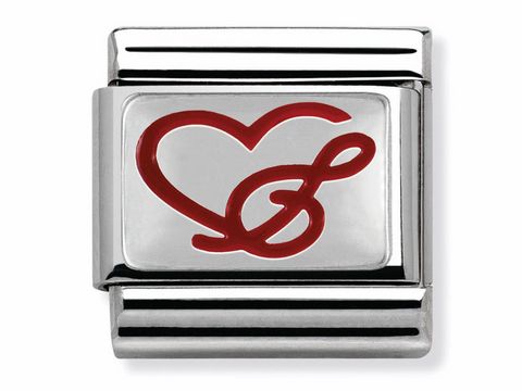 433020603-0 Edelstahl Charm von Nomination mit roter Emaille, das ein Herz und einen Violinschlüssel darstellt, ideal für Musikliebhaber und zur Personalisierung von Armbändern.