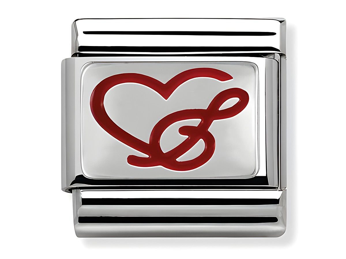 Edelstahl Charm von Nomination mit roter Emaille, das ein Herz und einen Violinschlüssel darstellt, ideal für Musikliebhaber und zur Personalisierung von Armbändern.