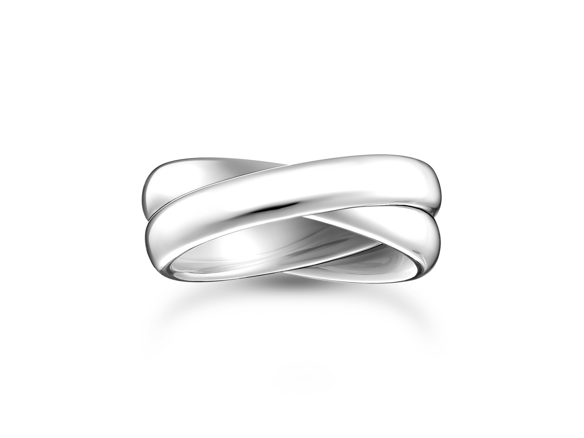 Ein schmaler Silberring von Thomas Sabo mit der Modellbezeichnung TR2490-001-21-50. Der Ring hat ein elegantes, gekreuztes Design und ist Teil der Rebel Basics Kollektion in Größe 50.